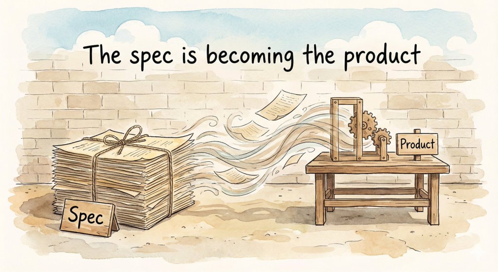 Illustration — the spec is becoming the product: spec stack transforms into product
